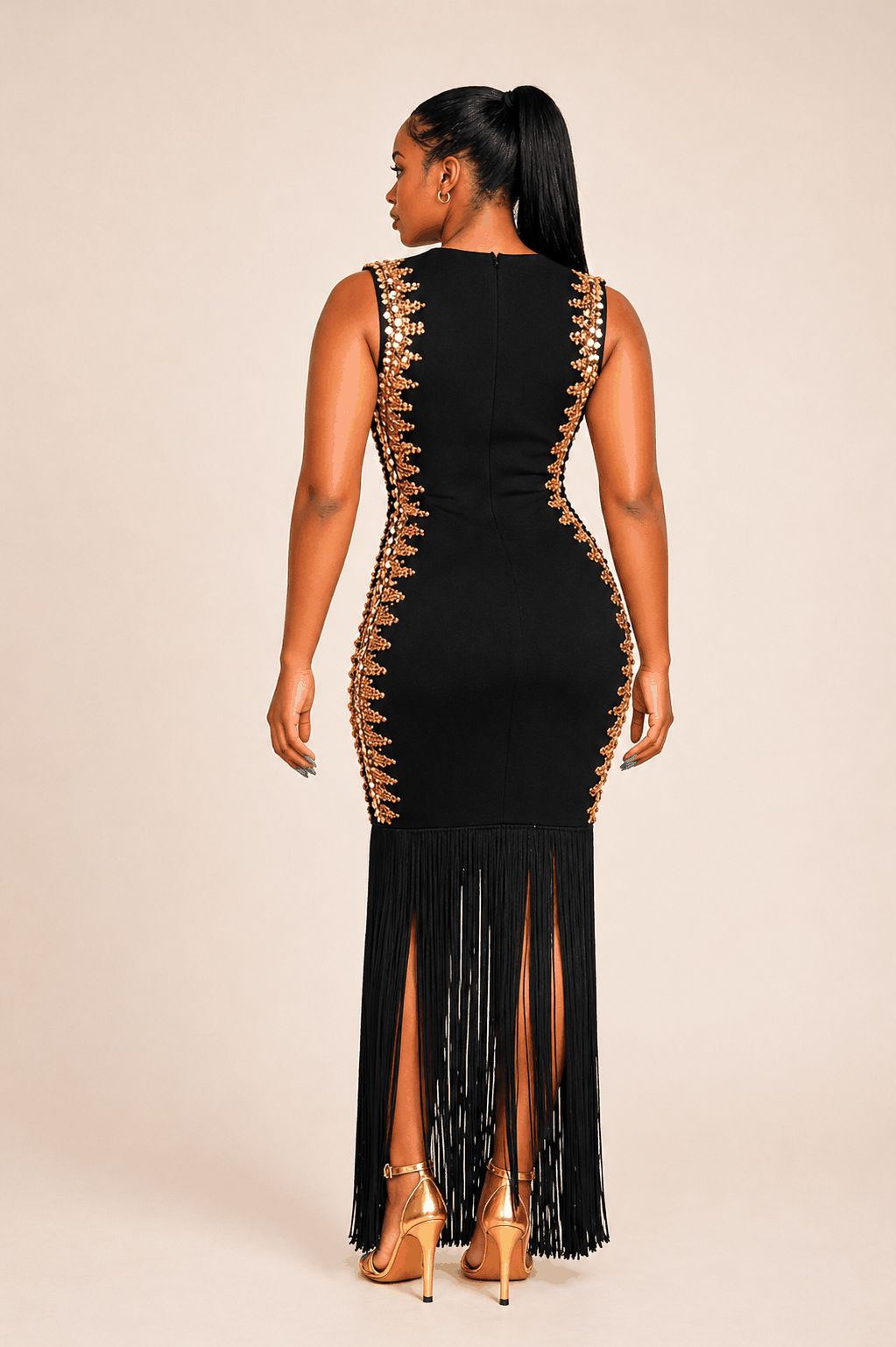 Golden Fringe Evening Gown