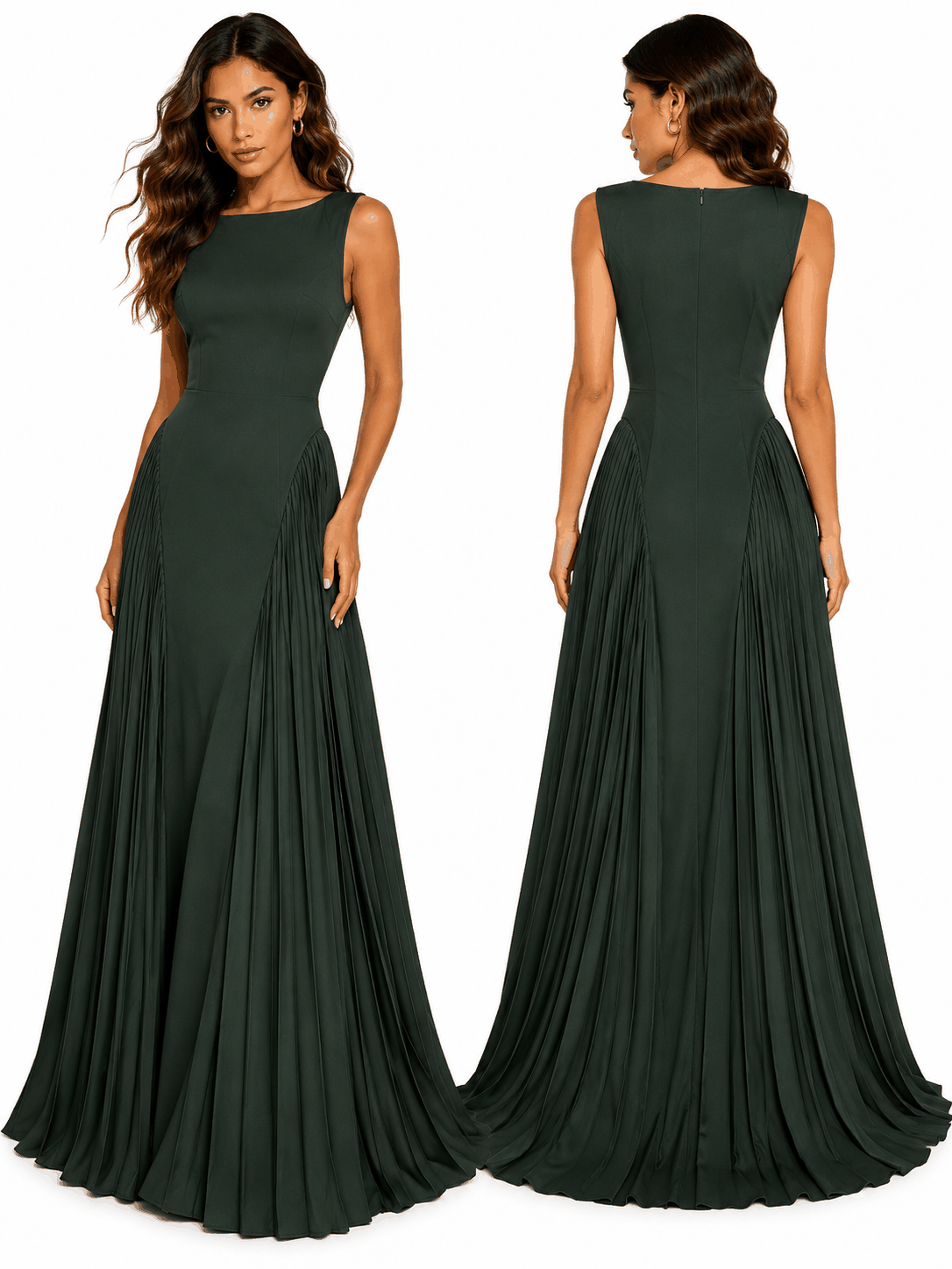 Elegant panel evening gown with fitted bodice and flowing pleated side panels