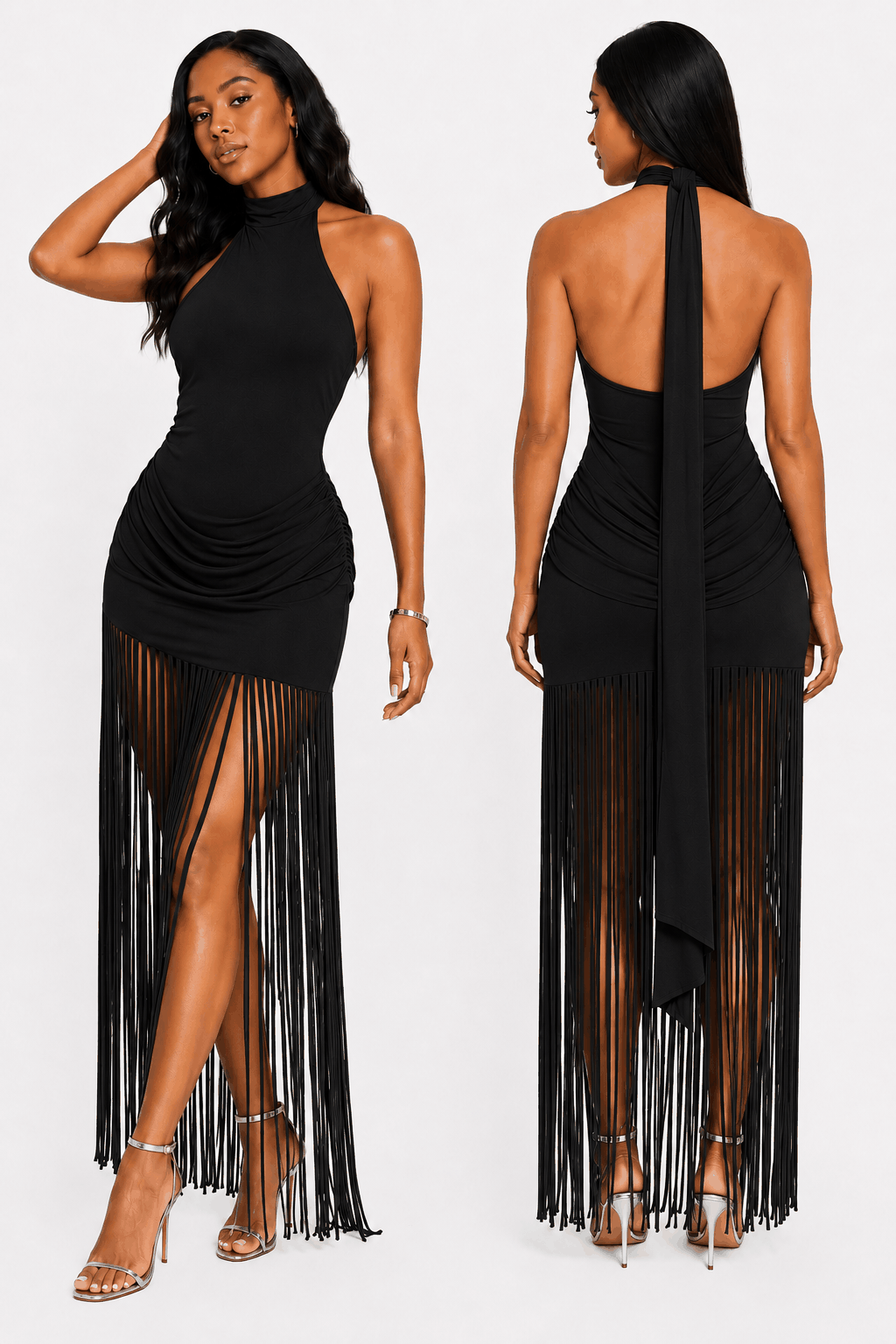 Backless Ruched Fringe Maxi Dress