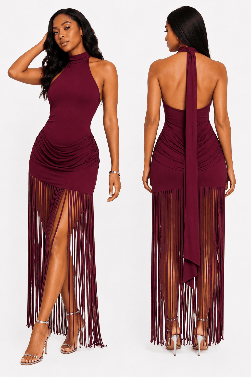 backless ruched dress Fringe Maxi Pattern distribution format:Print All size_16 Plain Color Backless Ruched Oh polly Size medium measures 59.5