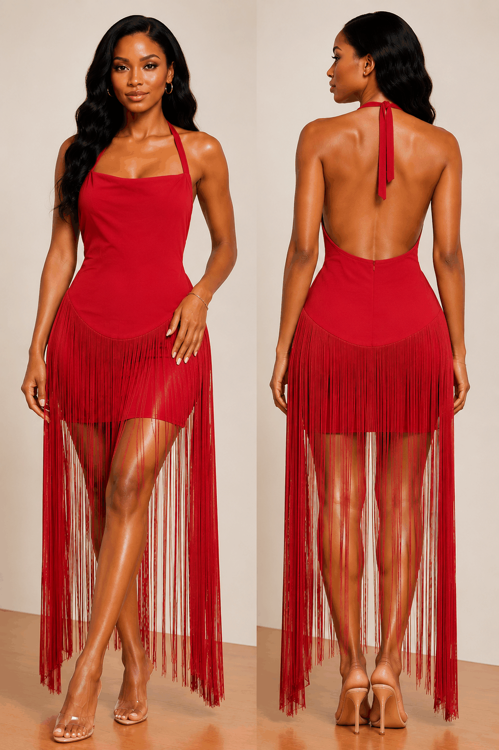 Model wearing Midnight Elegance Fringe halter mini dress with cascading fringe and open back