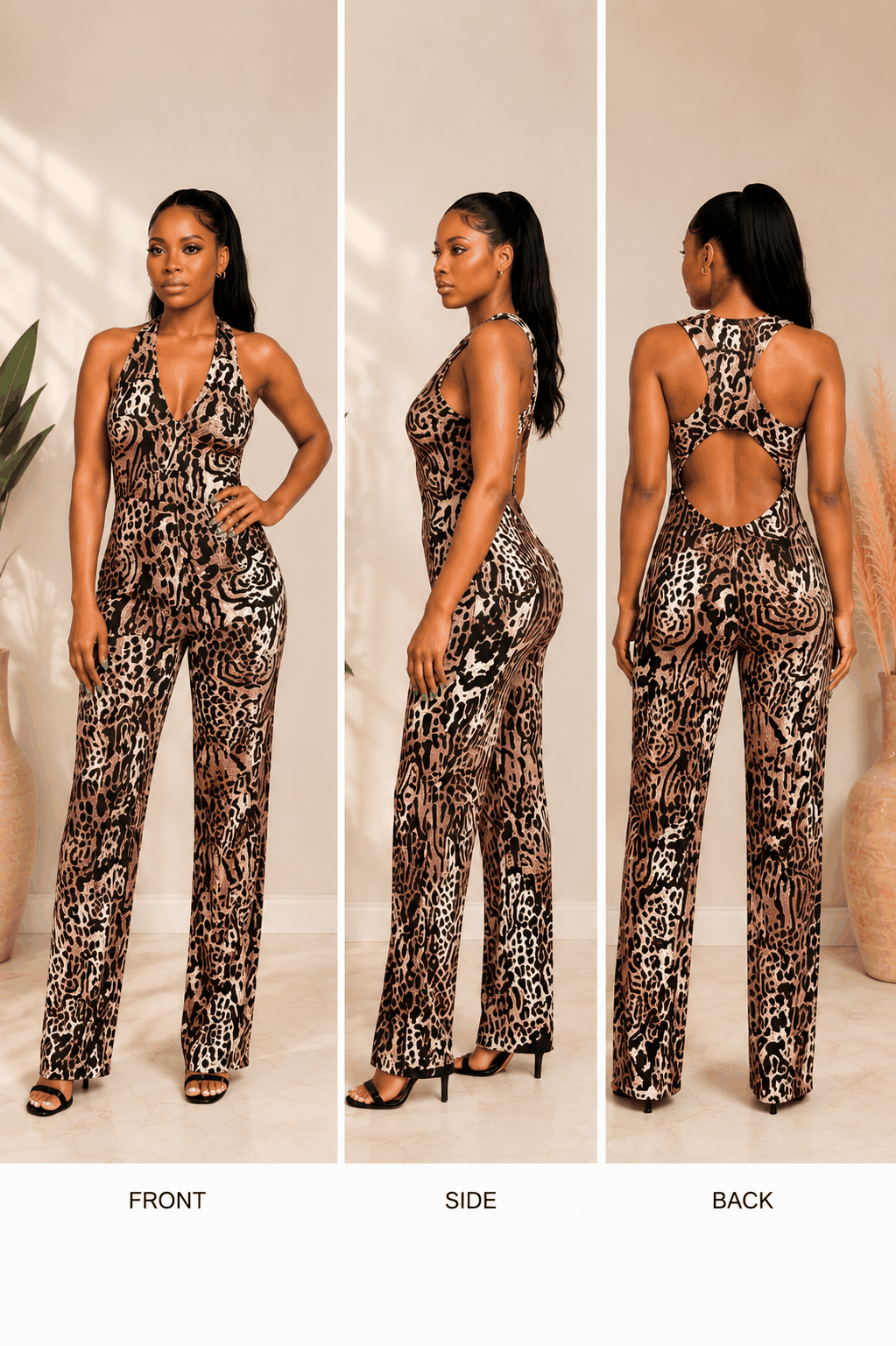 ame: Animal Print Open-Back Jumpsuit
