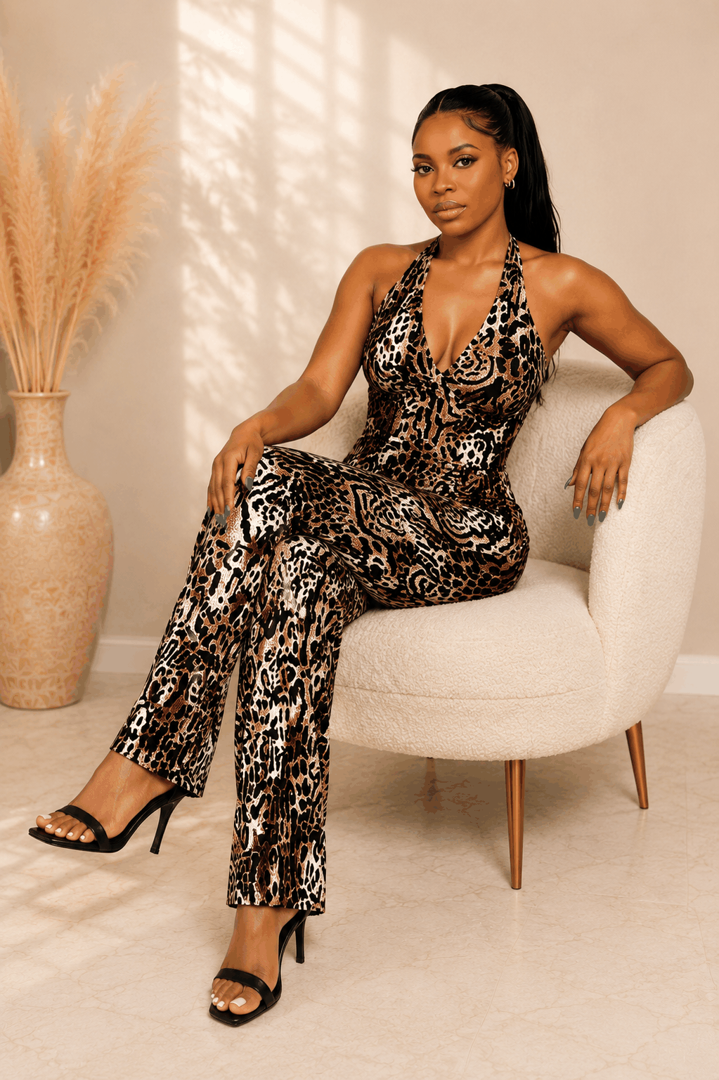 ame: Animal Print Open-Back Jumpsuit