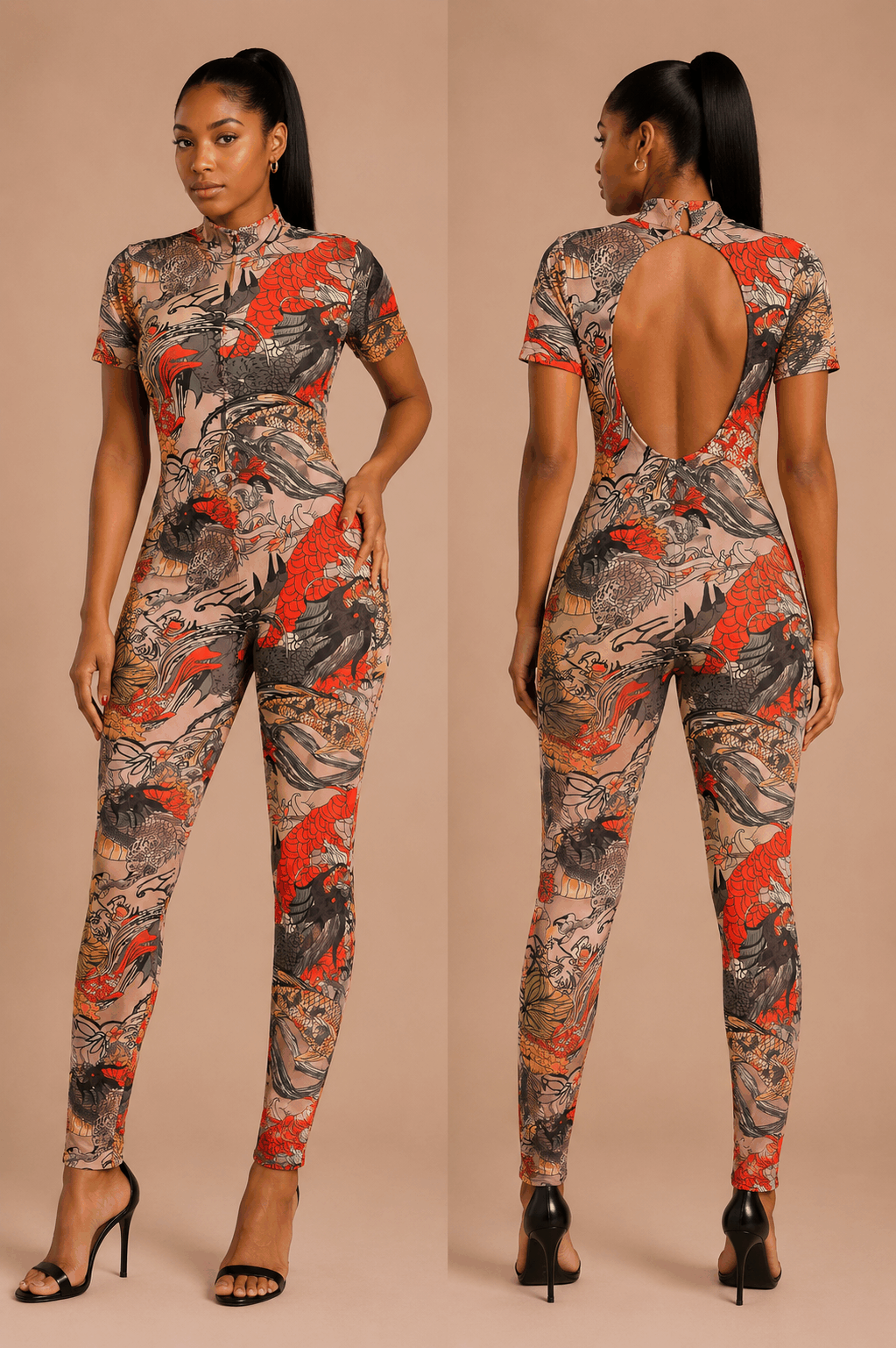 Sheer Tattoo Print Open-Back Jumpsuit