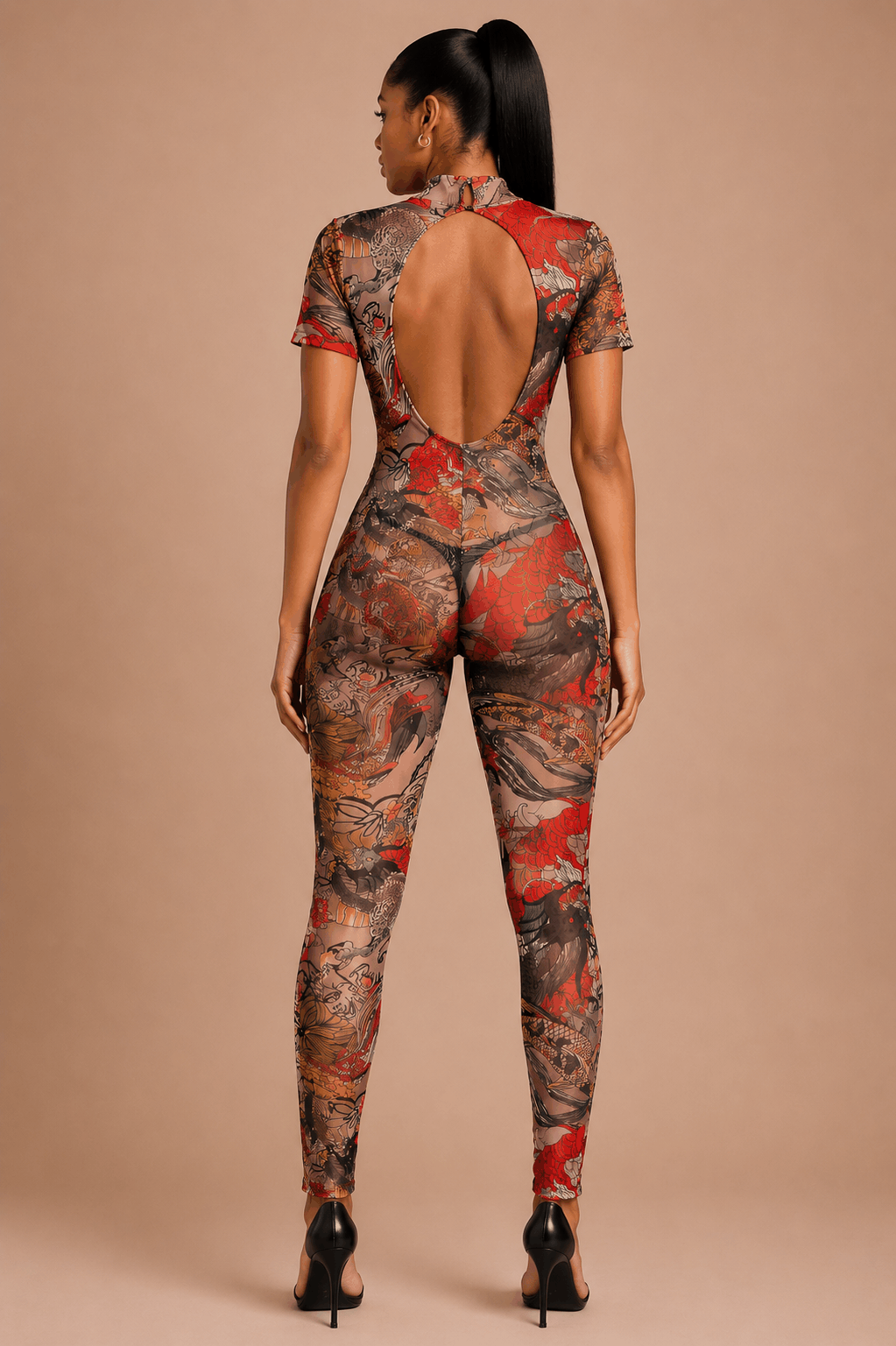 Sheer Tattoo Print Open-Back Jumpsuit