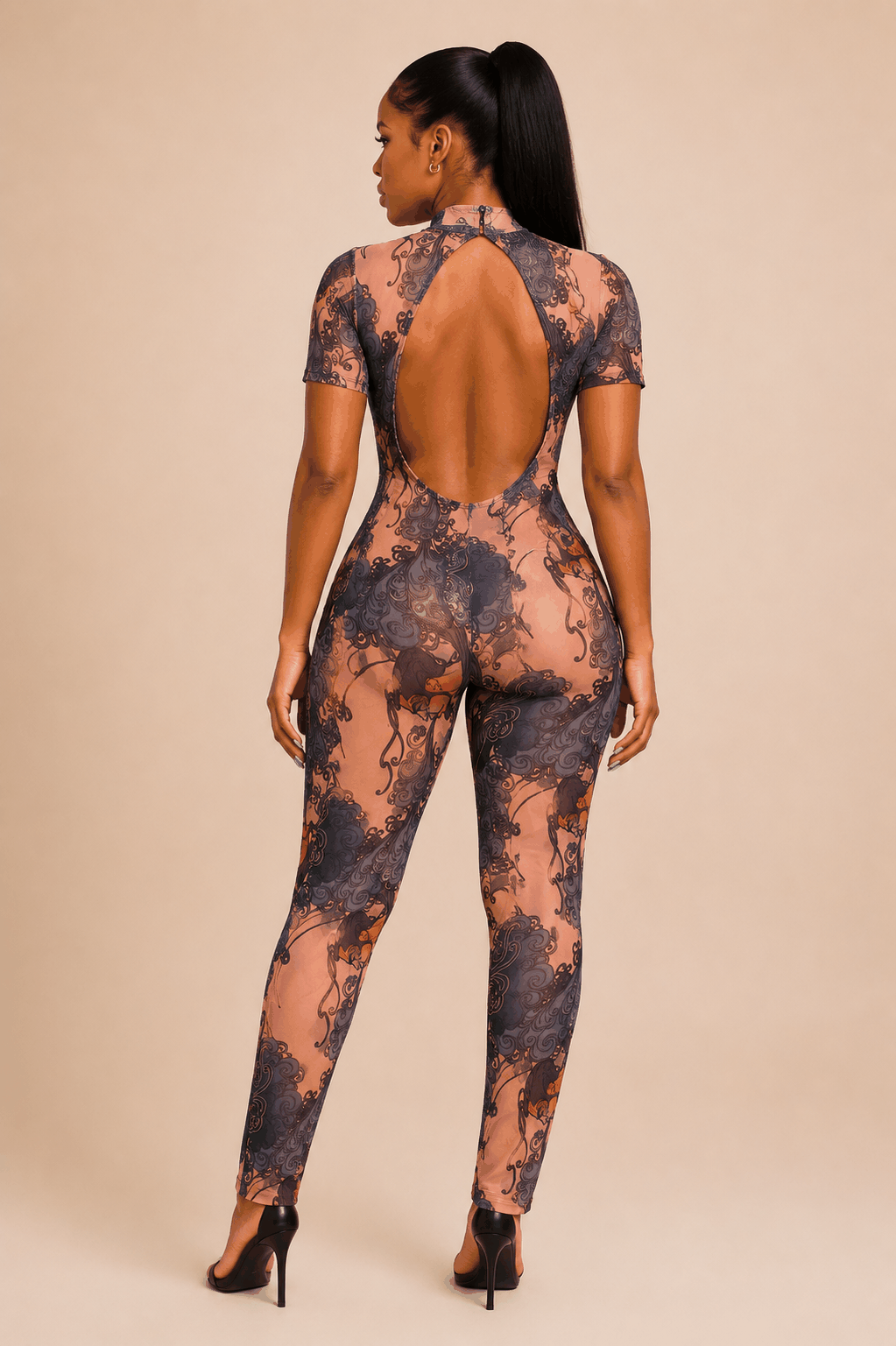 Sheer Baroque Print Open-Back Jumpsuit