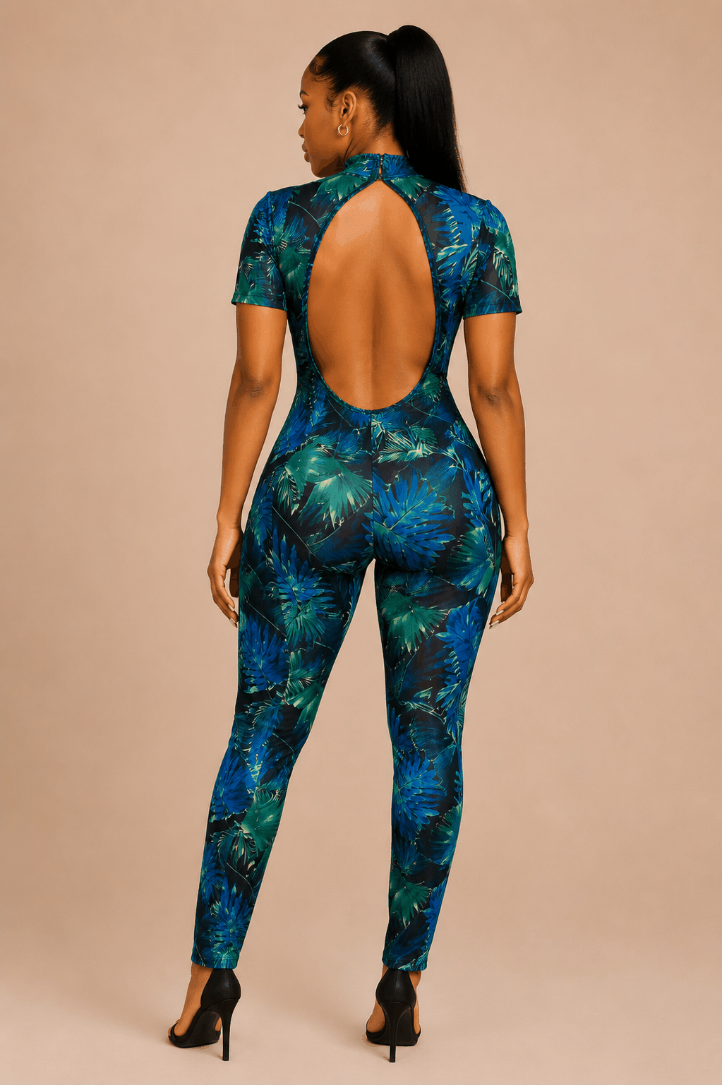 Tropical Leaf Open-Back Bodycon Jumpsuit