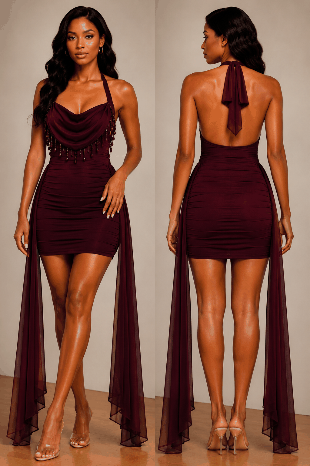 Woman wearing Midnight Elegance Halter Mini Dress with draped cowl neckline and open-back design