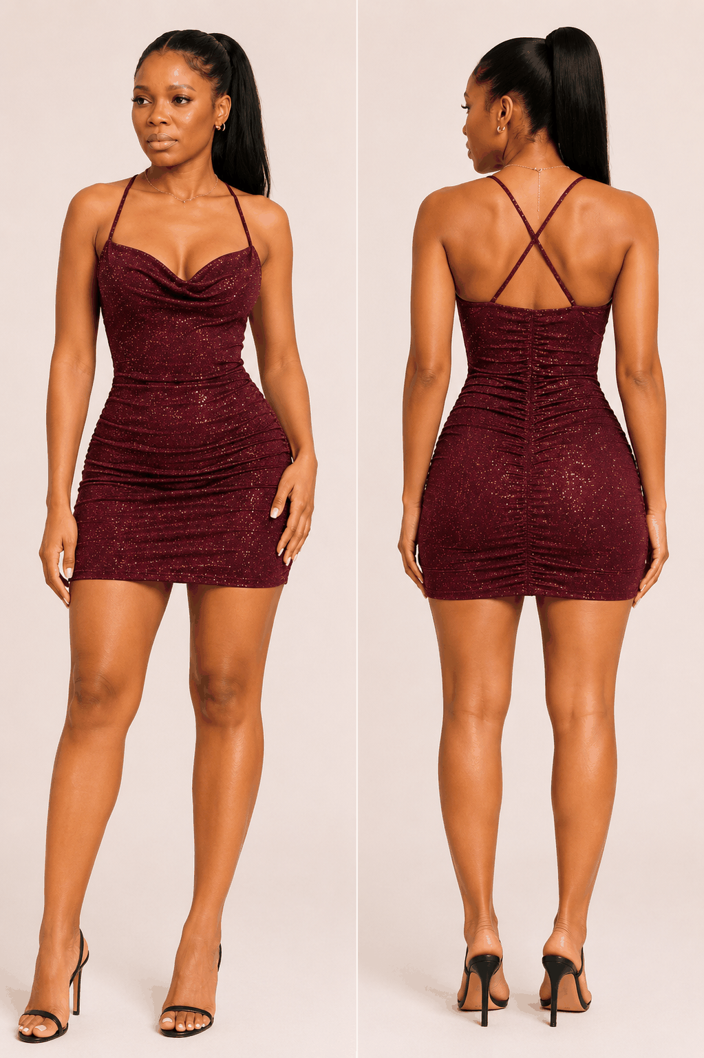 Woman wearing black Starlight Sparkle Ruched Mini Dress with spaghetti straps and glitter detailing