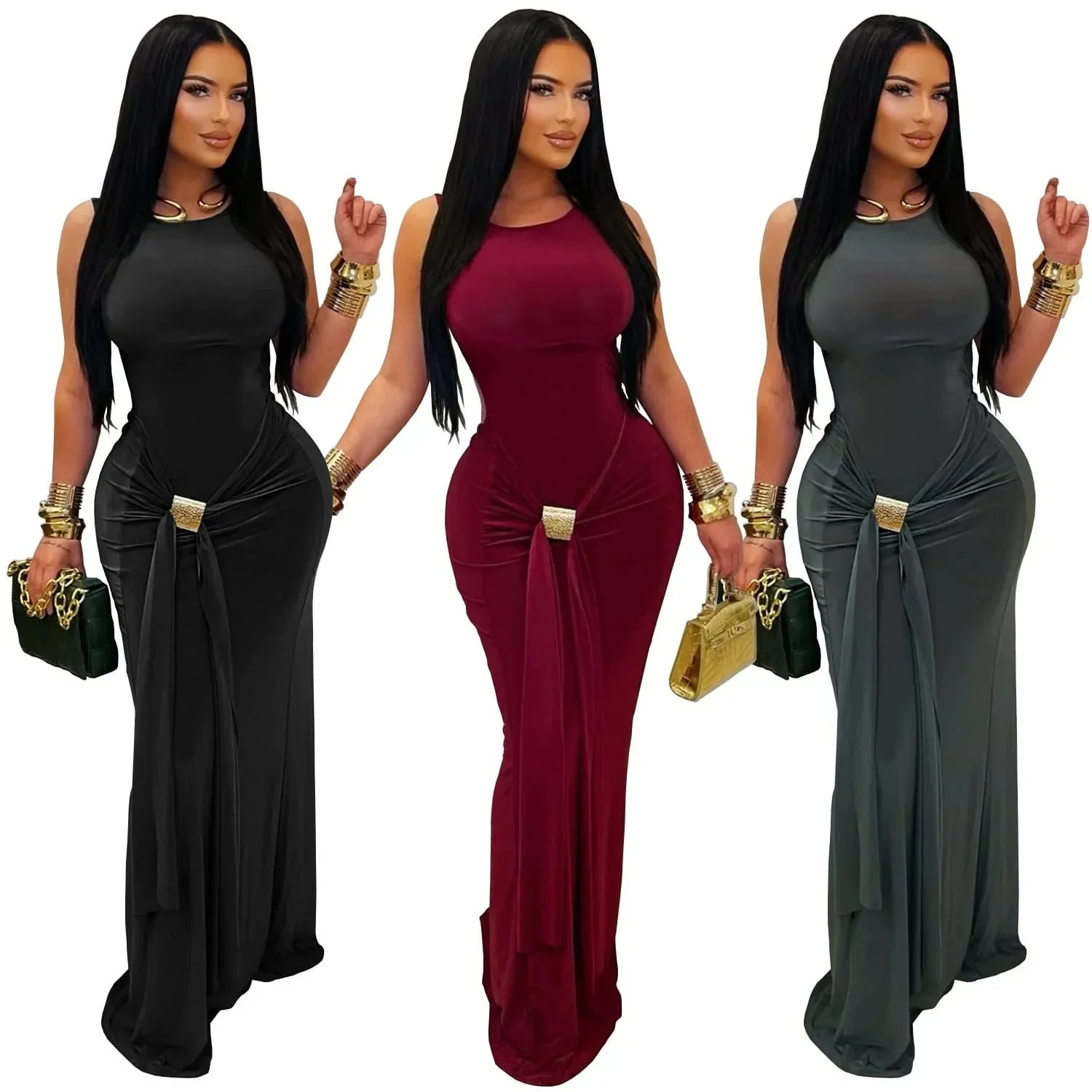 Women modeling sleeveless bodycon maxi dresses in black, burgundy, and grey with gold buckle accents.