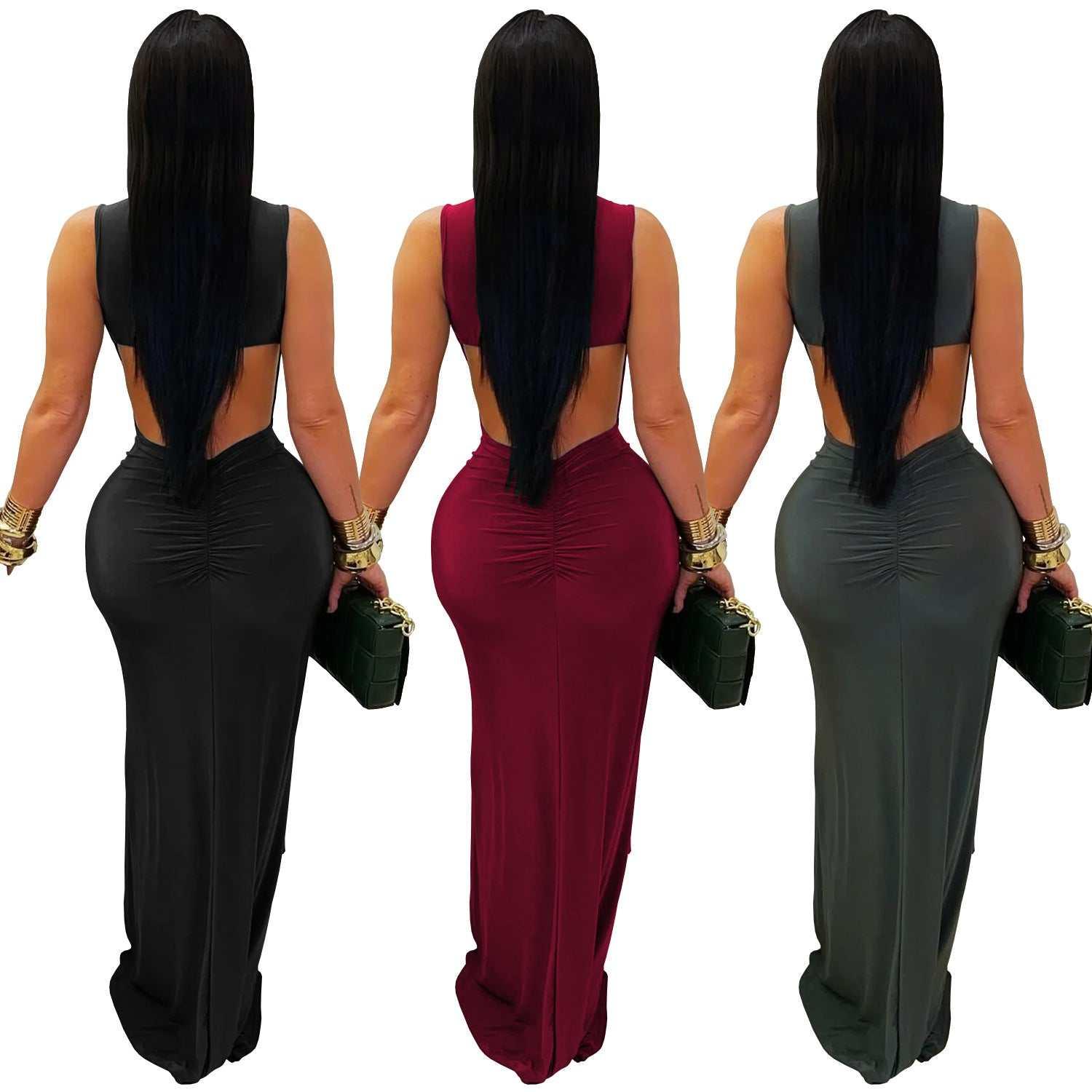 Woman in backless ruched bodycon maxi dress in black, burgundy, and olive green colors
