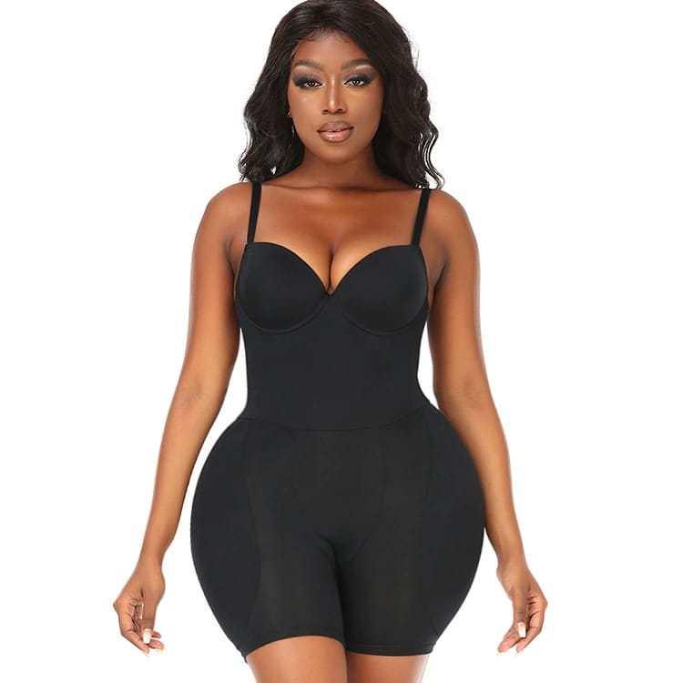 Woman wearing a black body shaper with adjustable straps for slimming and contouring