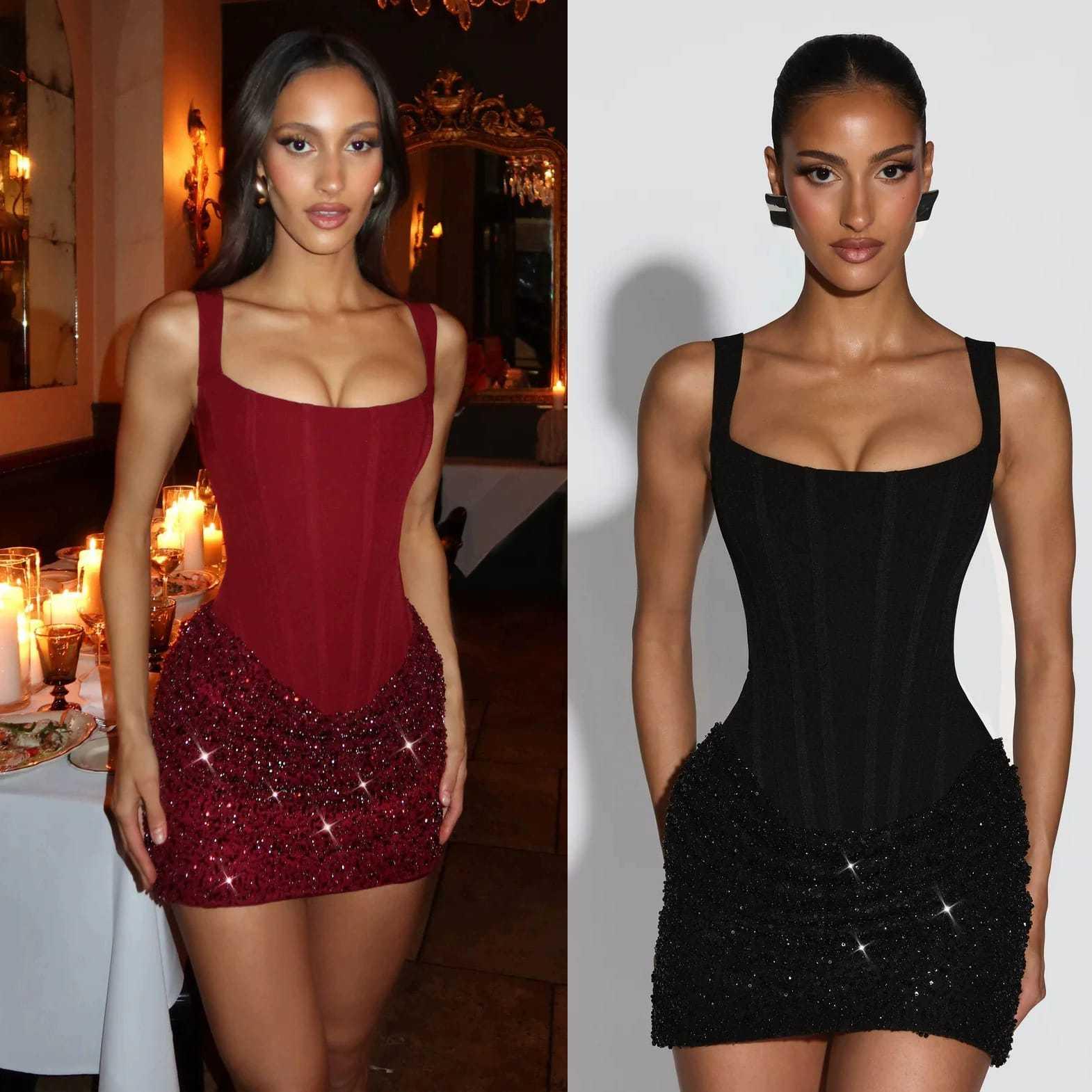 Woman modeling a fitted mini dress with sparkling sequin skirt, shown in red and black variations.