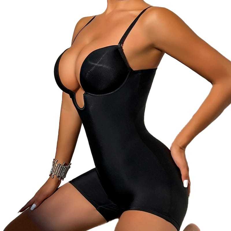 Woman wearing black body shaper bodysuit with adjustable straps and deep neckline