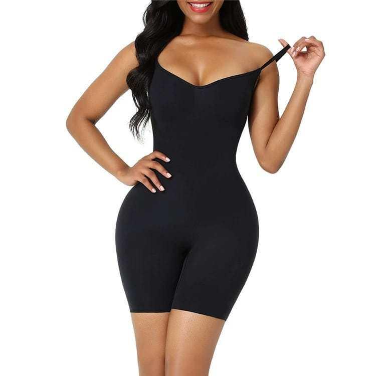 Woman wearing black shapewear bodysuit with adjustable straps, fashion apparel