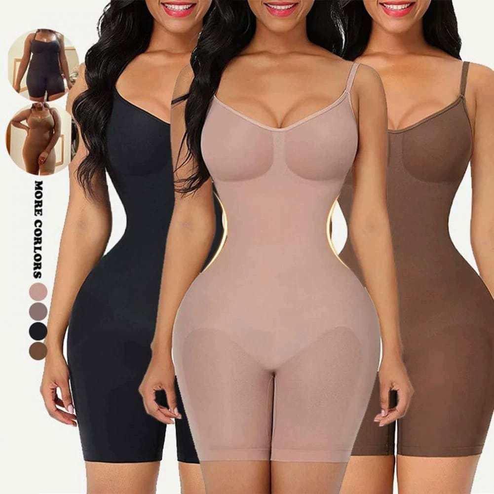 Women modeling seamless shapewear bodysuits in black, nude, and brown colors