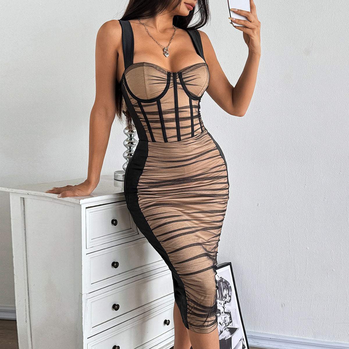 Elegant sculpted mesh dress with corset bodice and ruched skirt in deep red