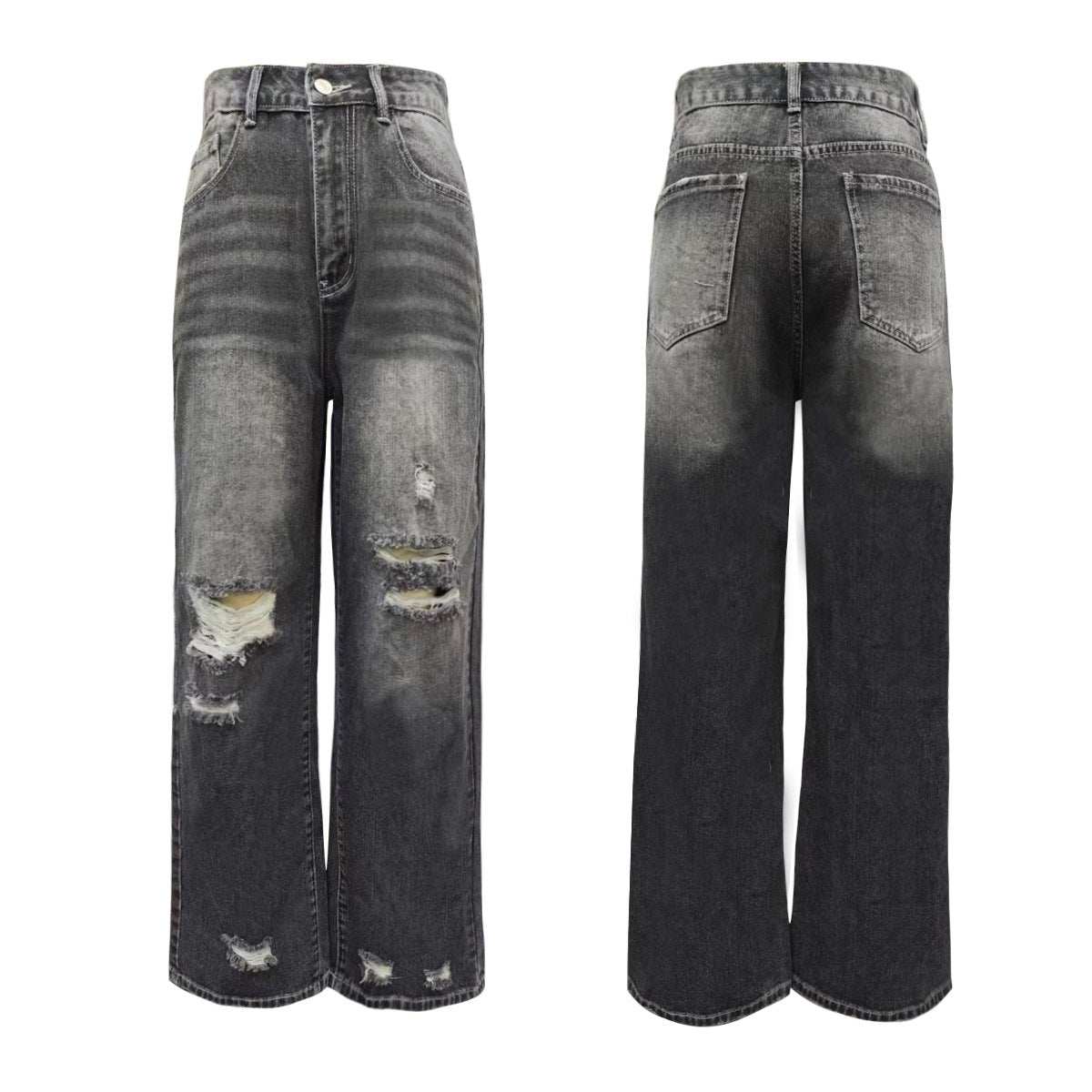 High-waisted distressed black wide leg jeans with ripped details, front and back view