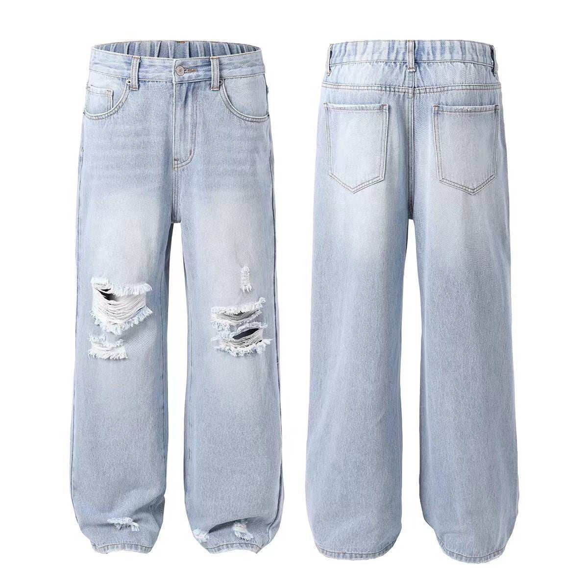 Light wash wide-leg ripped jeans with distressed front and elastic waistband, front and back view.