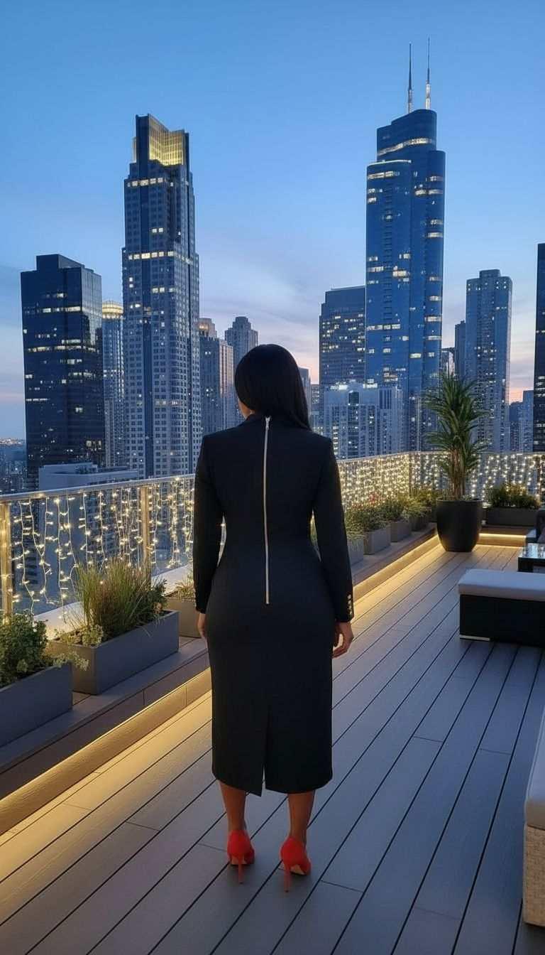 Woman in black dress and red heels on rooftop terrace with city skyline at dusk