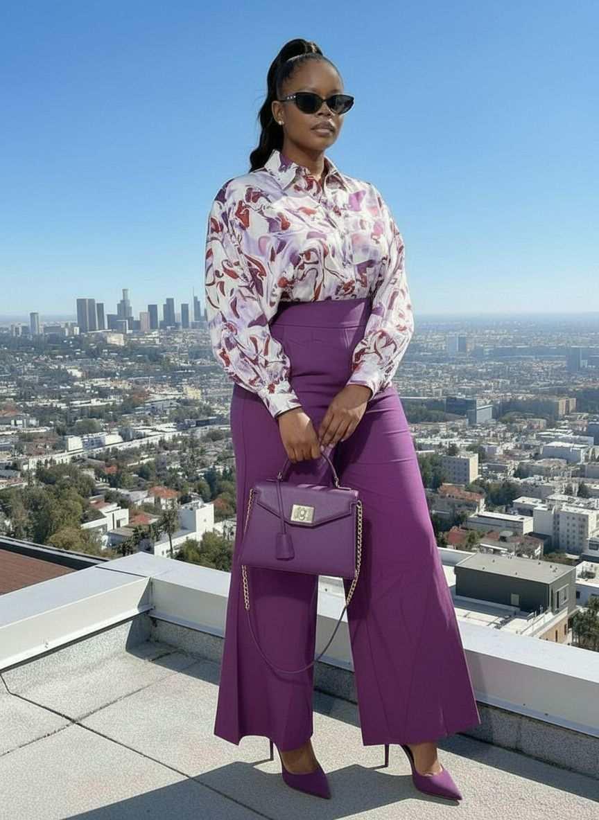 Woman in a patterned blouse and purple wide-leg pants posing confidently on rooftop with city skyline