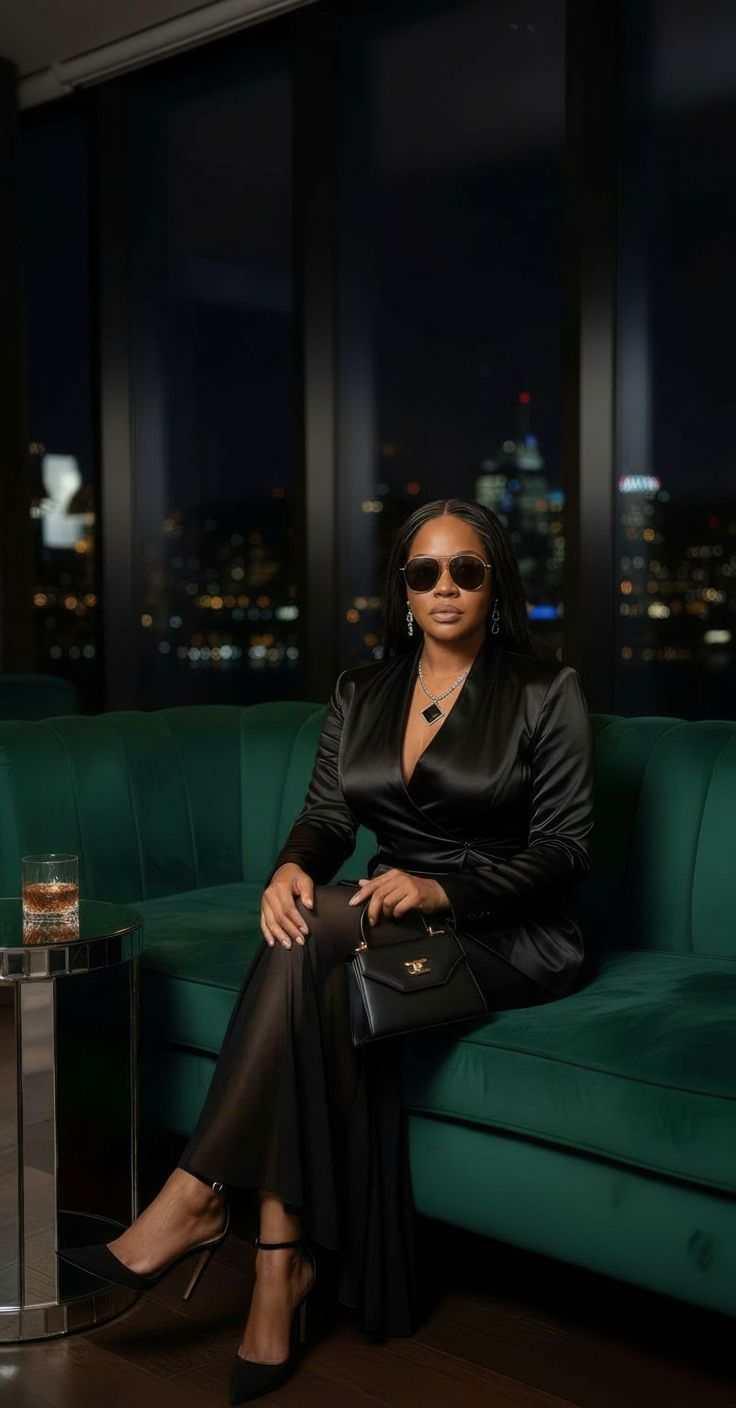 Woman in a black satin dress with sunglasses, holding a handbag, seated on a green sofa in a stylish night city lounge.