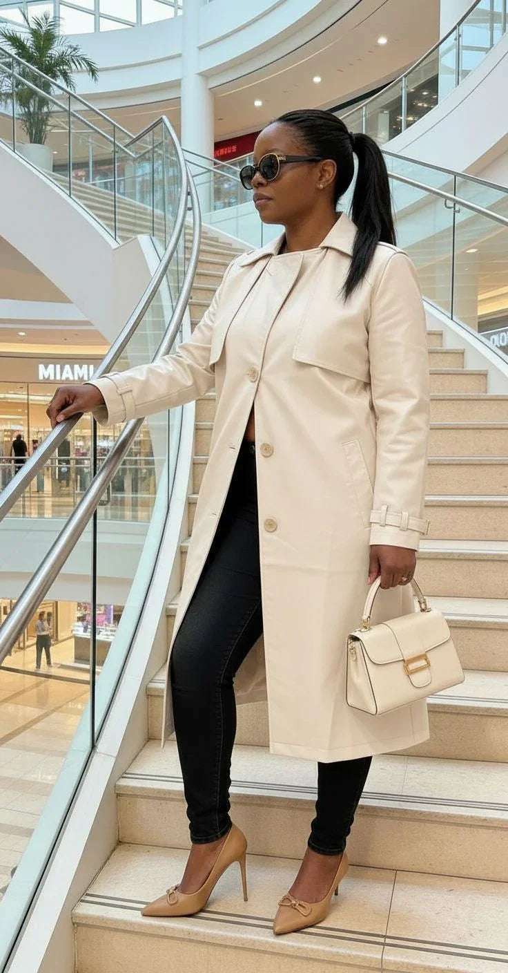 Woman in a beige trench coat, black jeans, nude heels, and sunglasses standing on mall stairs, holding a matching handbag.