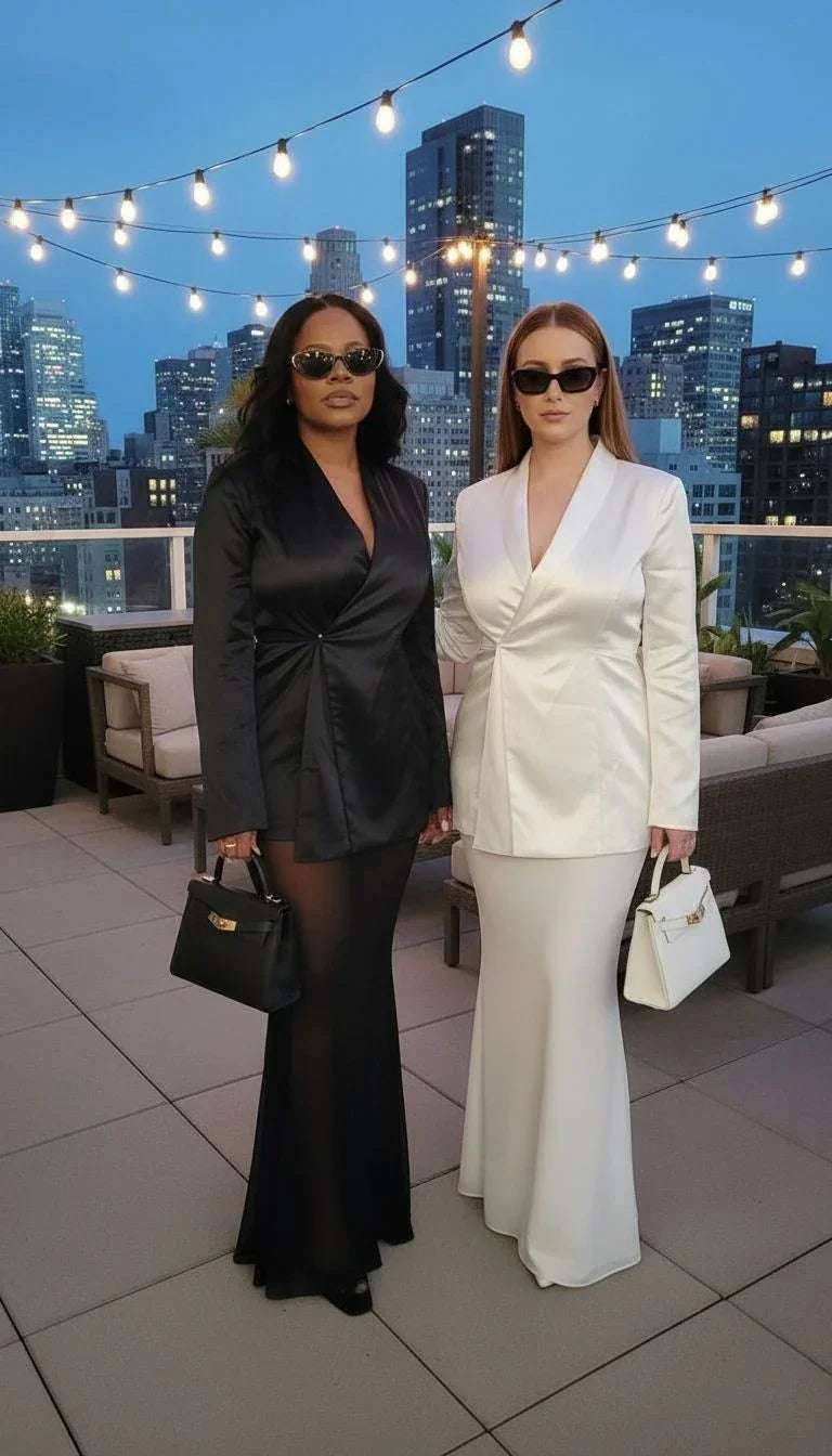 Two women in black and white blazers and skirts, holding handbags, on a city rooftop at dusk