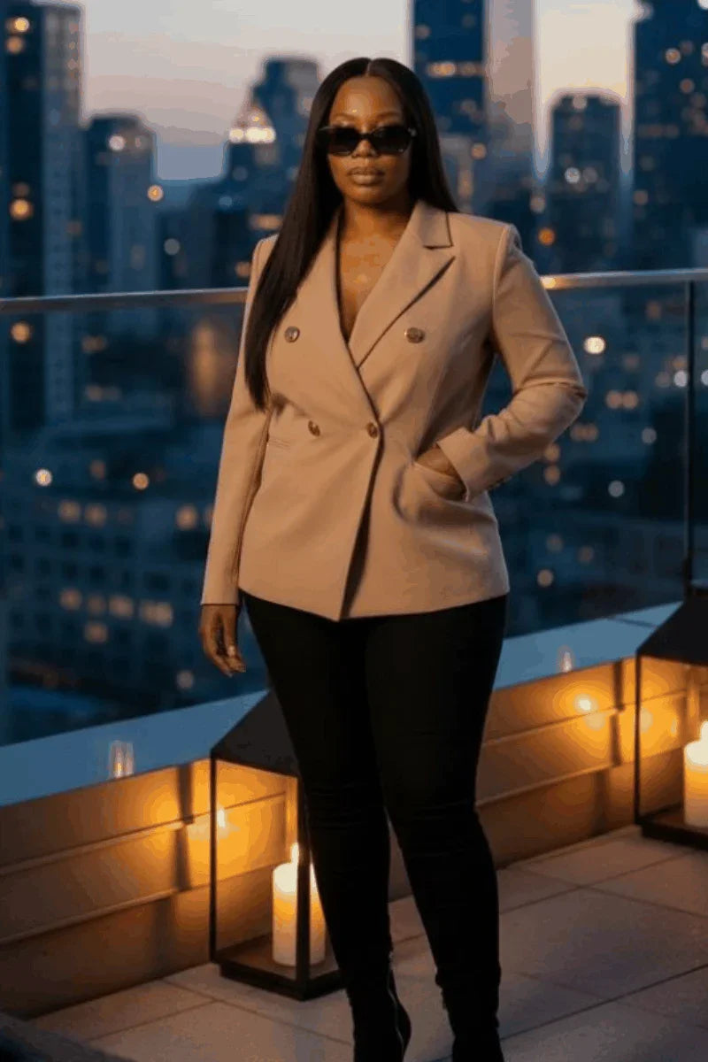 Woman in tan blazer and black pants on rooftop at sunset with city lights and candles