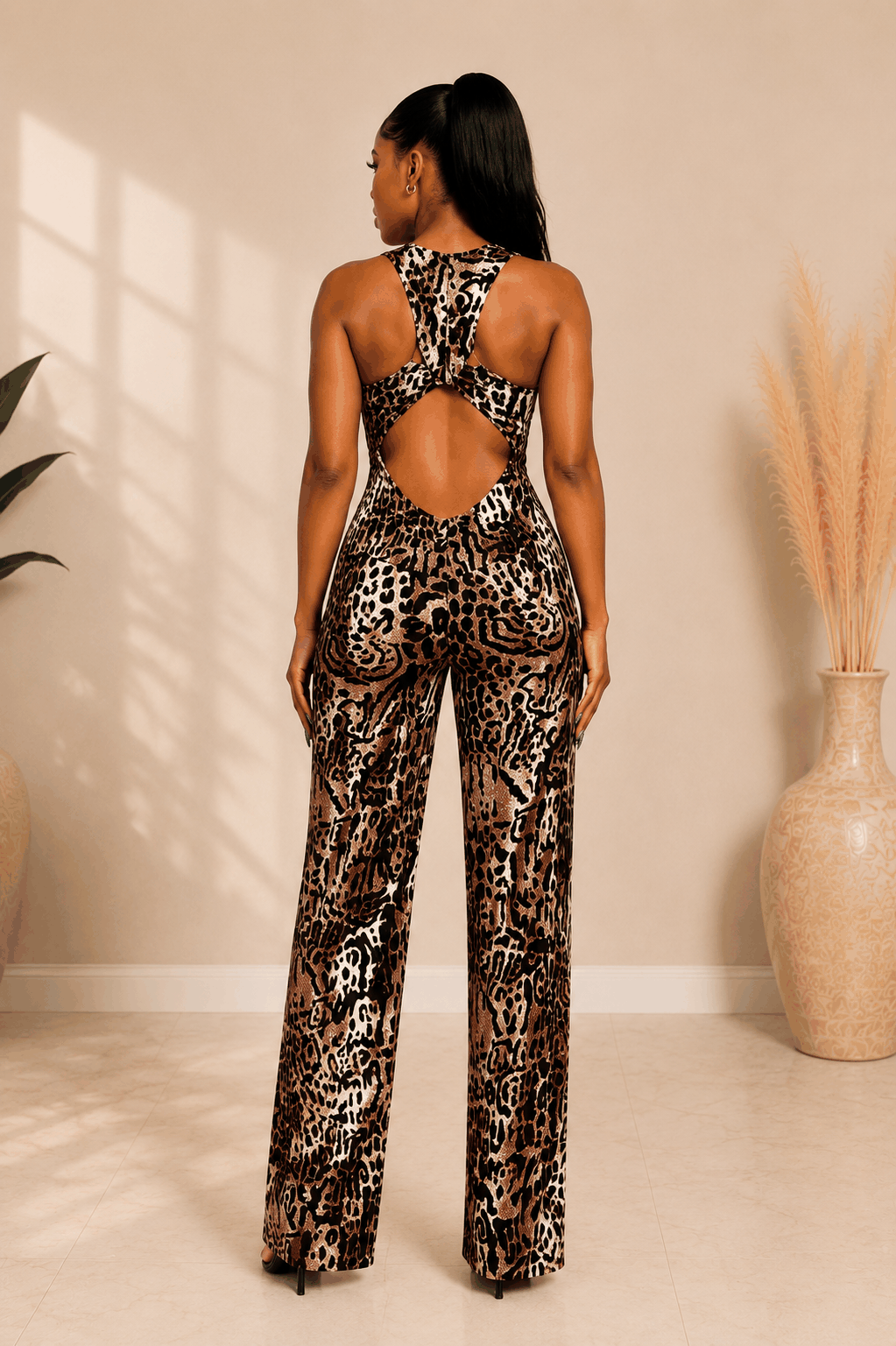 ame: Animal Print Open-Back Jumpsuit