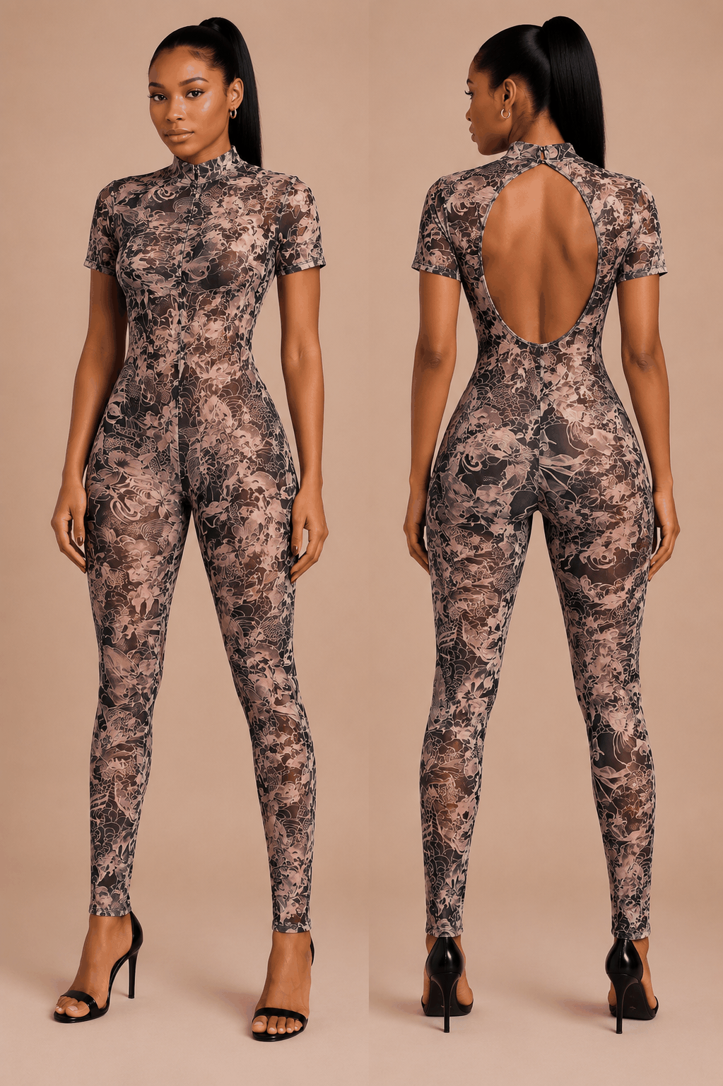 Sheer Floral Lace Open-Back Jumpsuit