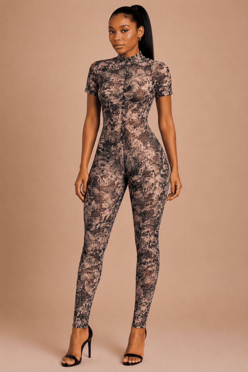 Sheer floral lace open-back jumpsuit with elegant design