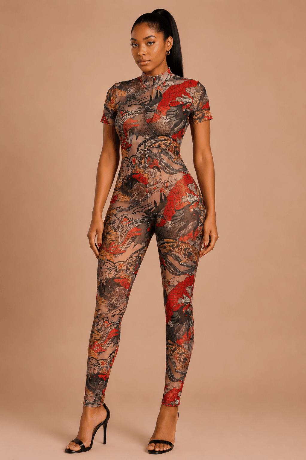 Sheer tattoo print open-back bodysuit with graphic design and high neckline