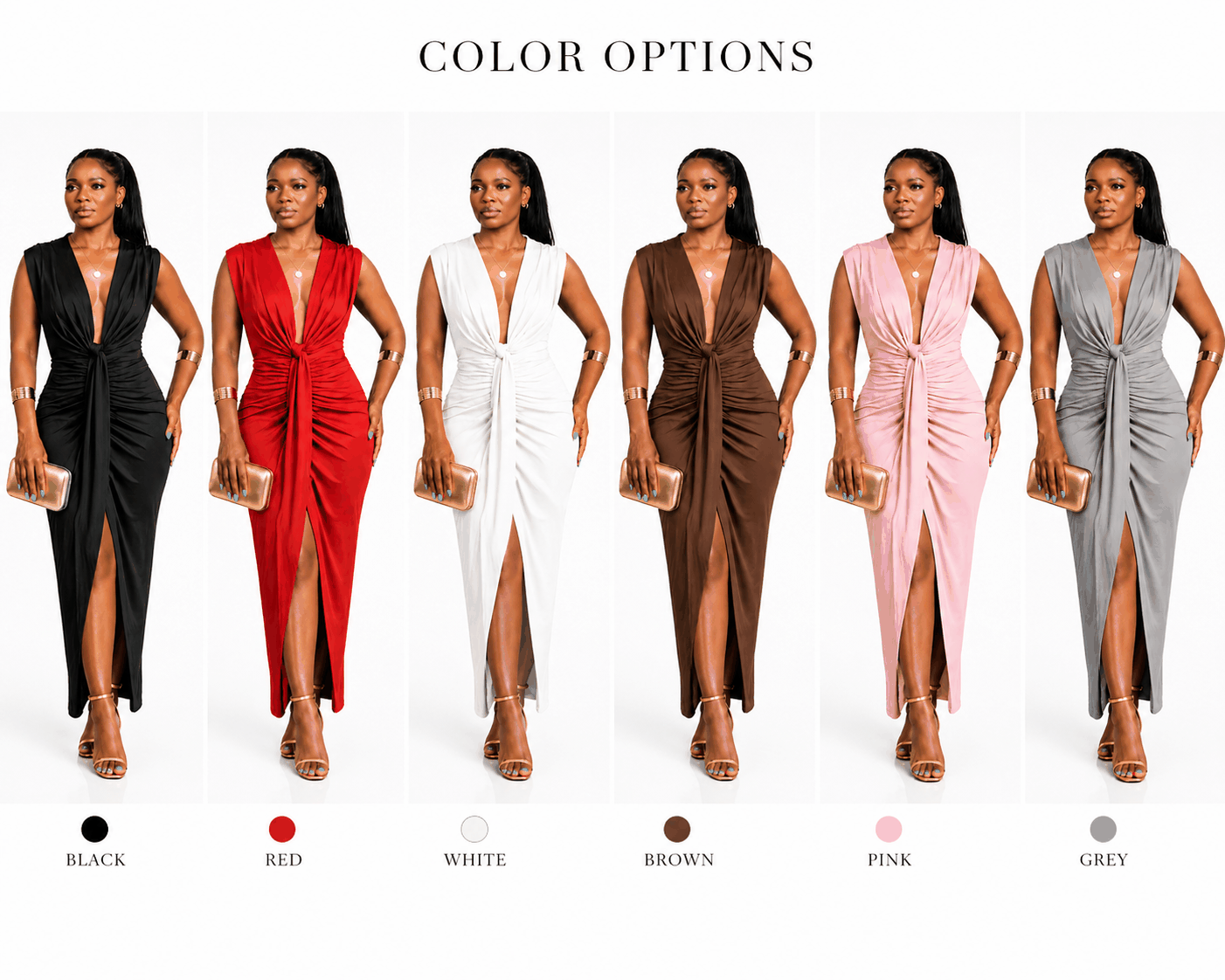 Elegance Plunge Ruched Maxi Dress