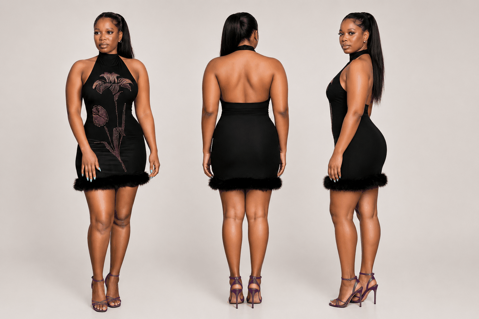 Rhinestone Floral Halter Mini Dress