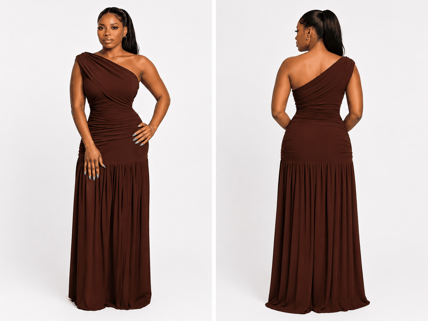 One-Shoulder Pleated Maxi Dress