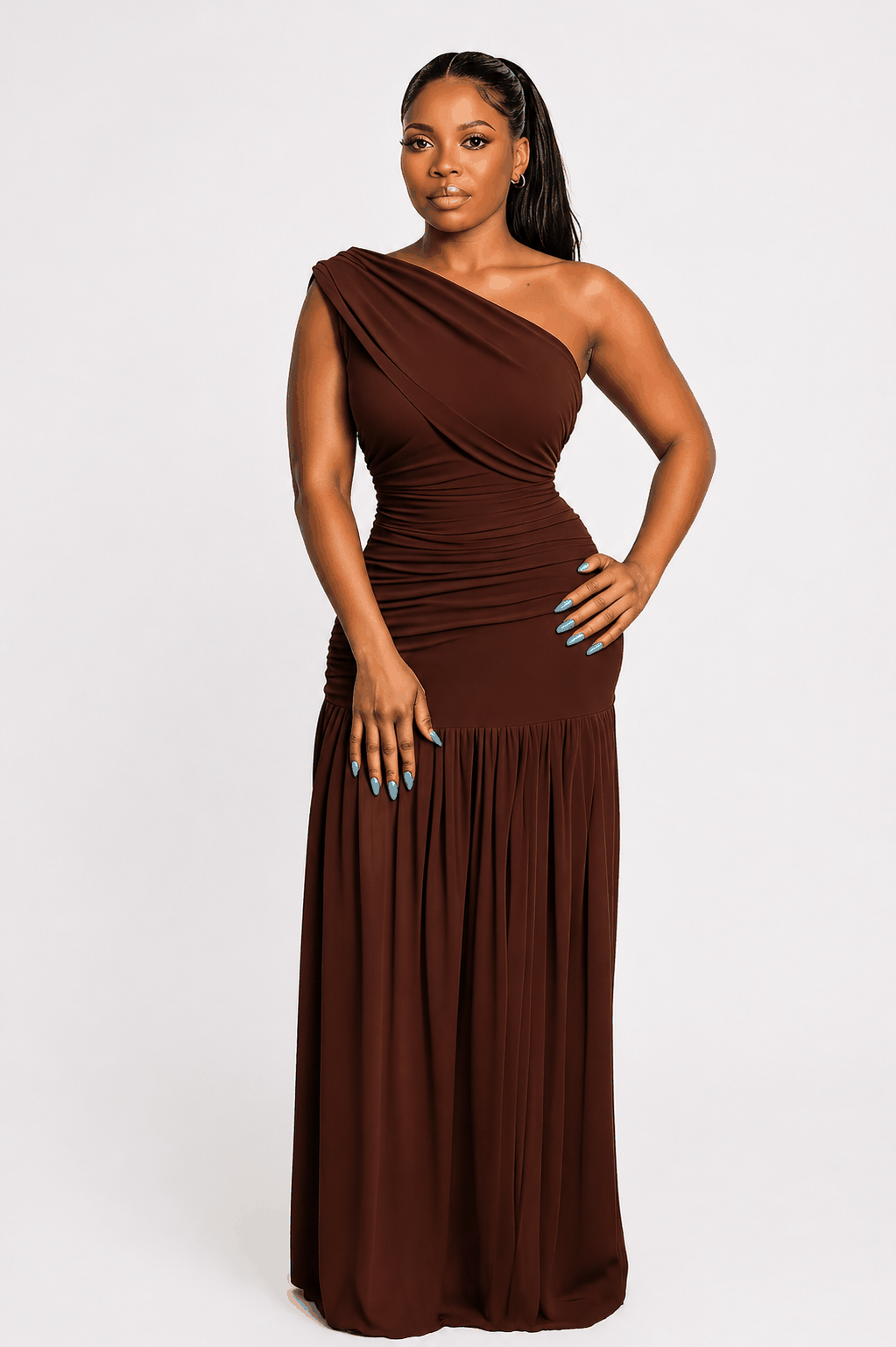 Elegant one-shoulder pleated maxi dress with asymmetrical neckline and ruched waist for formal occasions