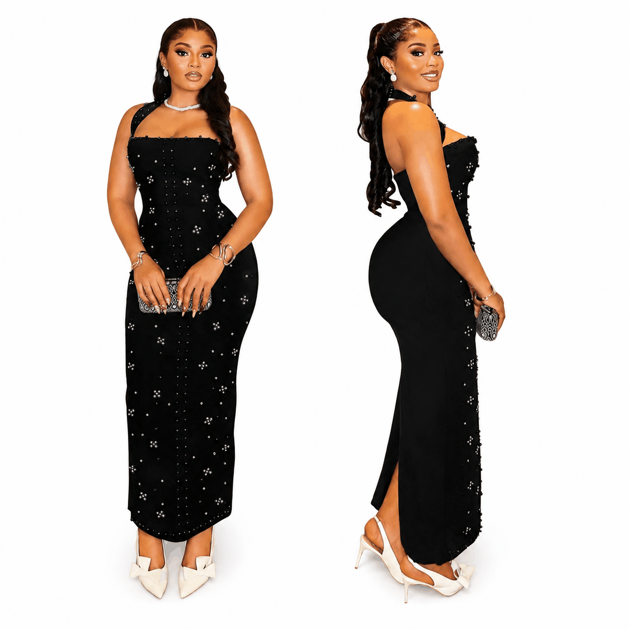 Model wearing an elegant crystal maxi dress with halter neckline and side slit in black