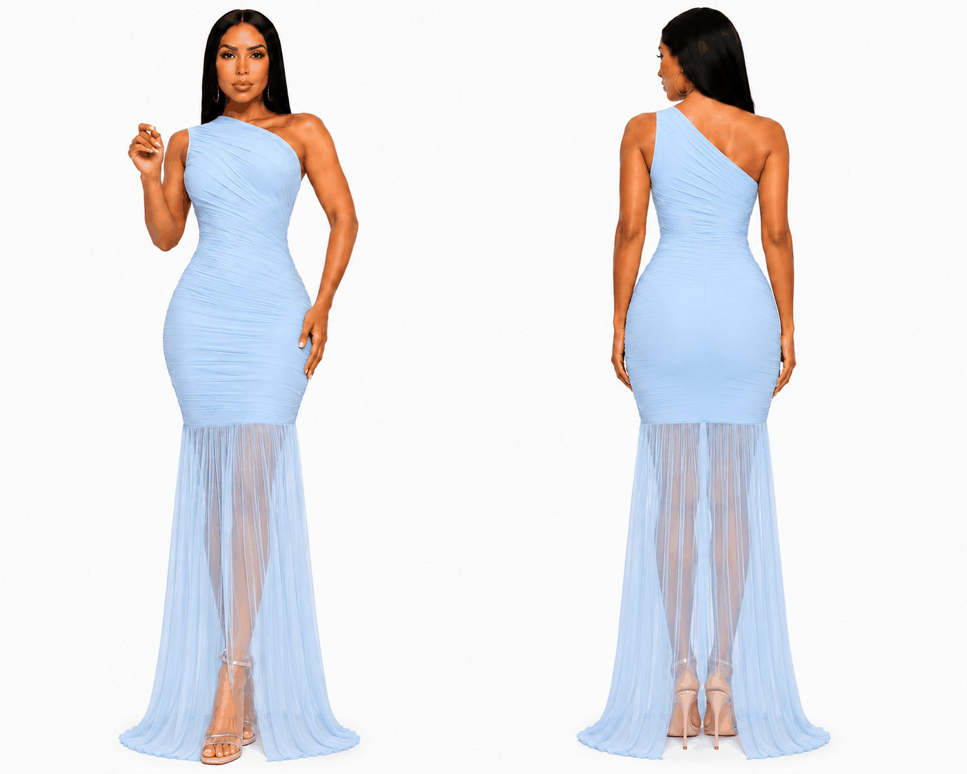 Elegant one-shoulder ruched mermaid maxi dress with sheer flowing hem for formal events