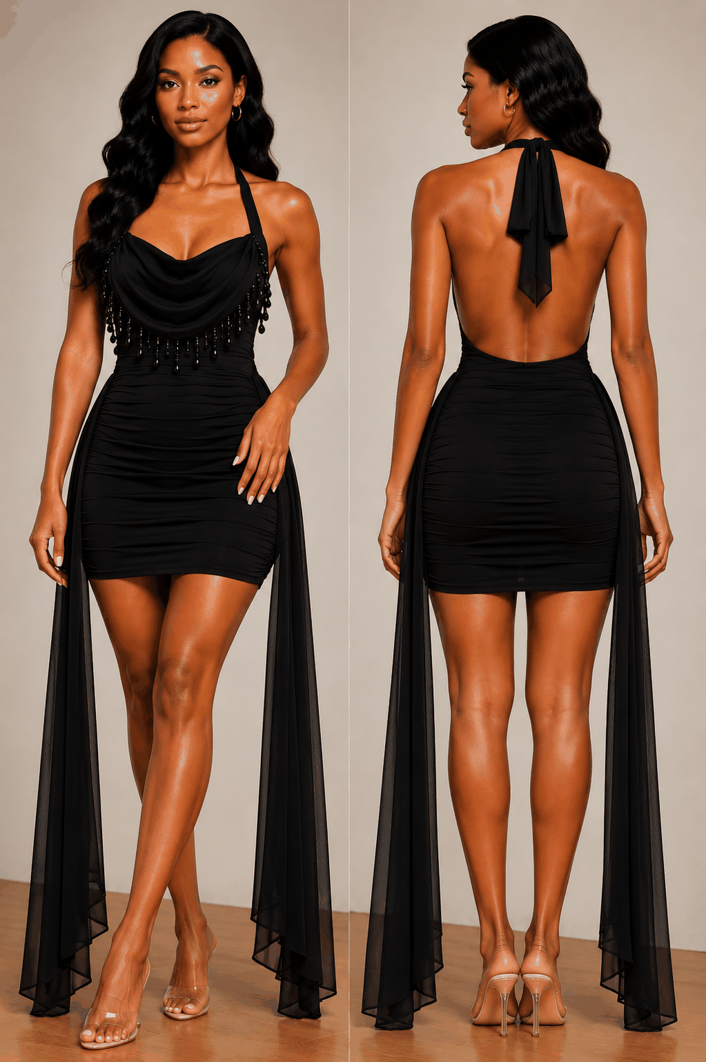 Woman wearing Midnight Elegance halter mini dress with draped cowl neckline and open-back design