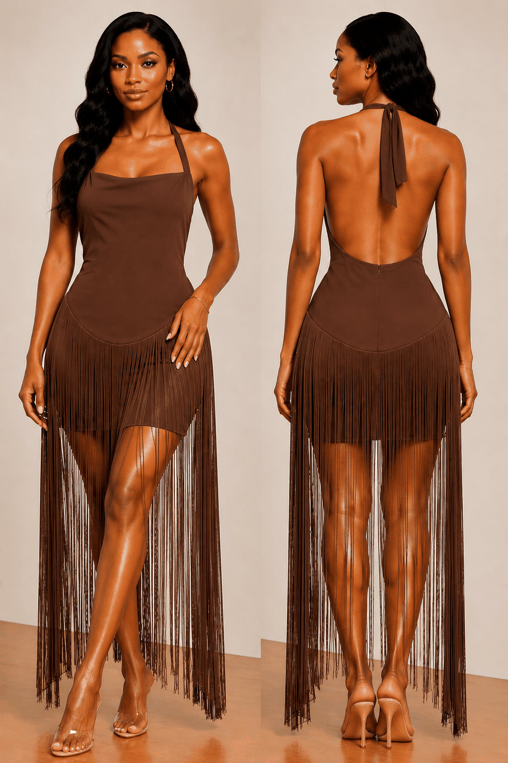 Midnight Elegance Fringe Halter Mini Dress