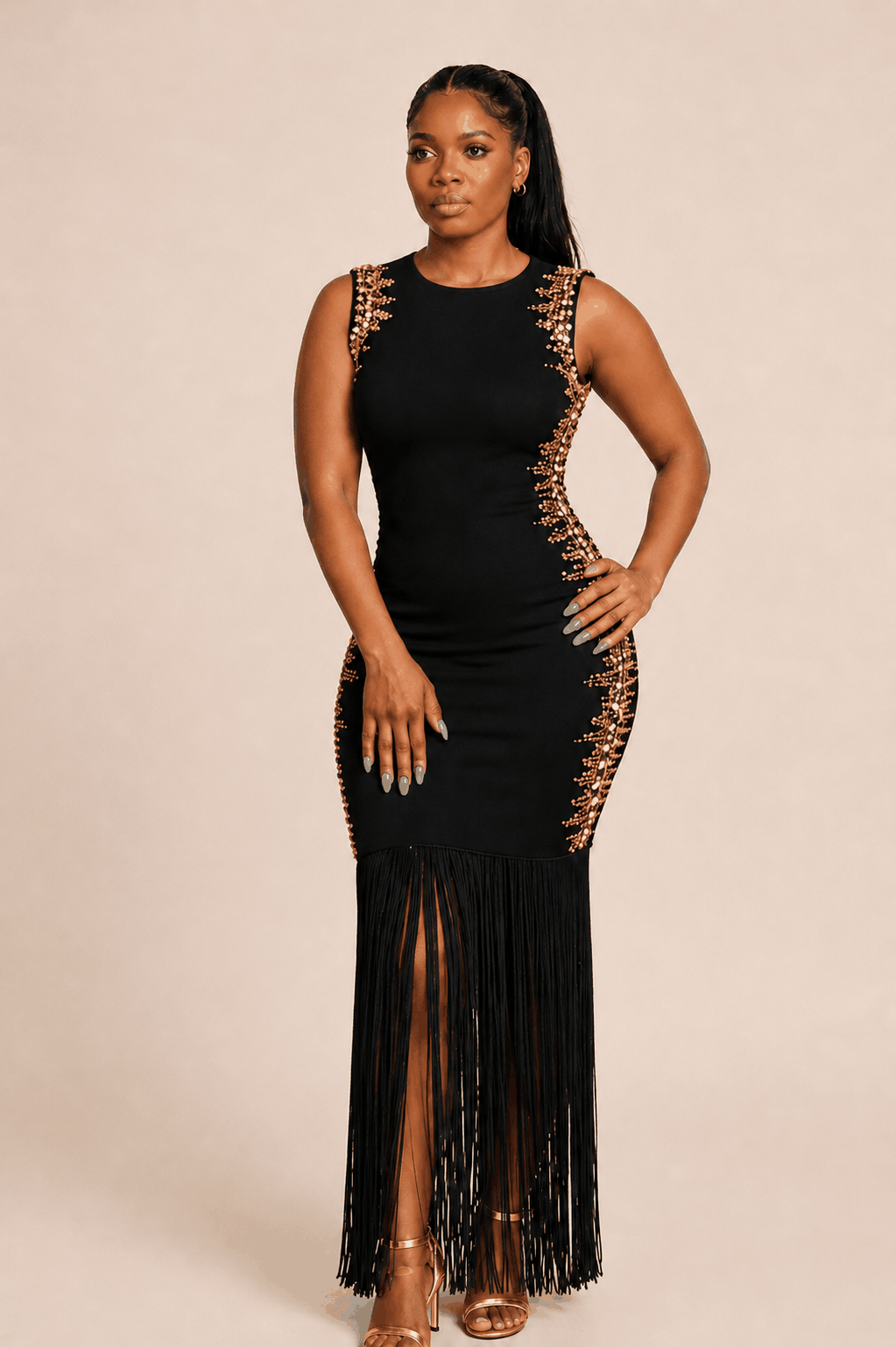 Golden Fringe Evening Gown