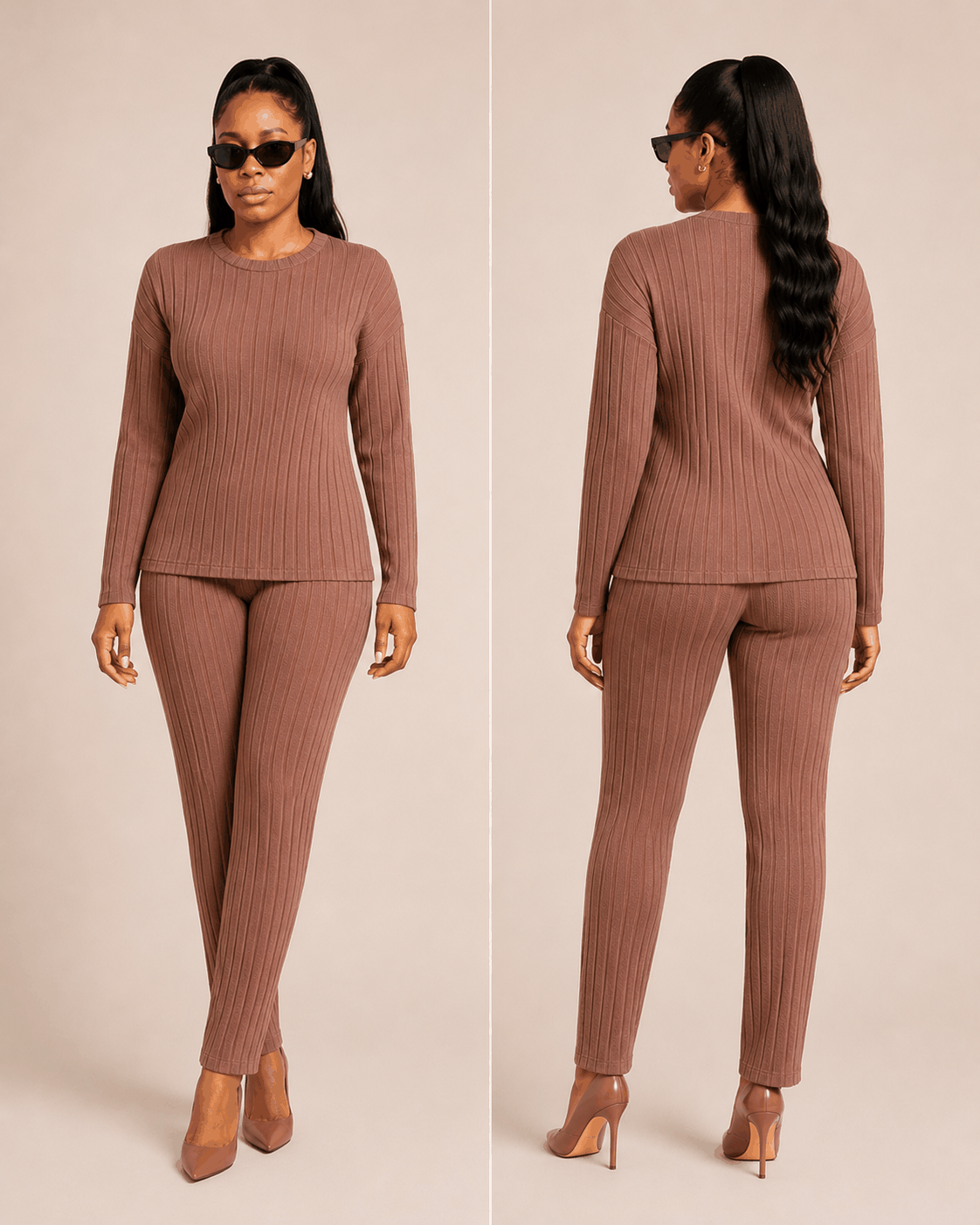 Woman wearing Terra Luxe Set in warm terra-cotta ribbed knit top and bootcut pants