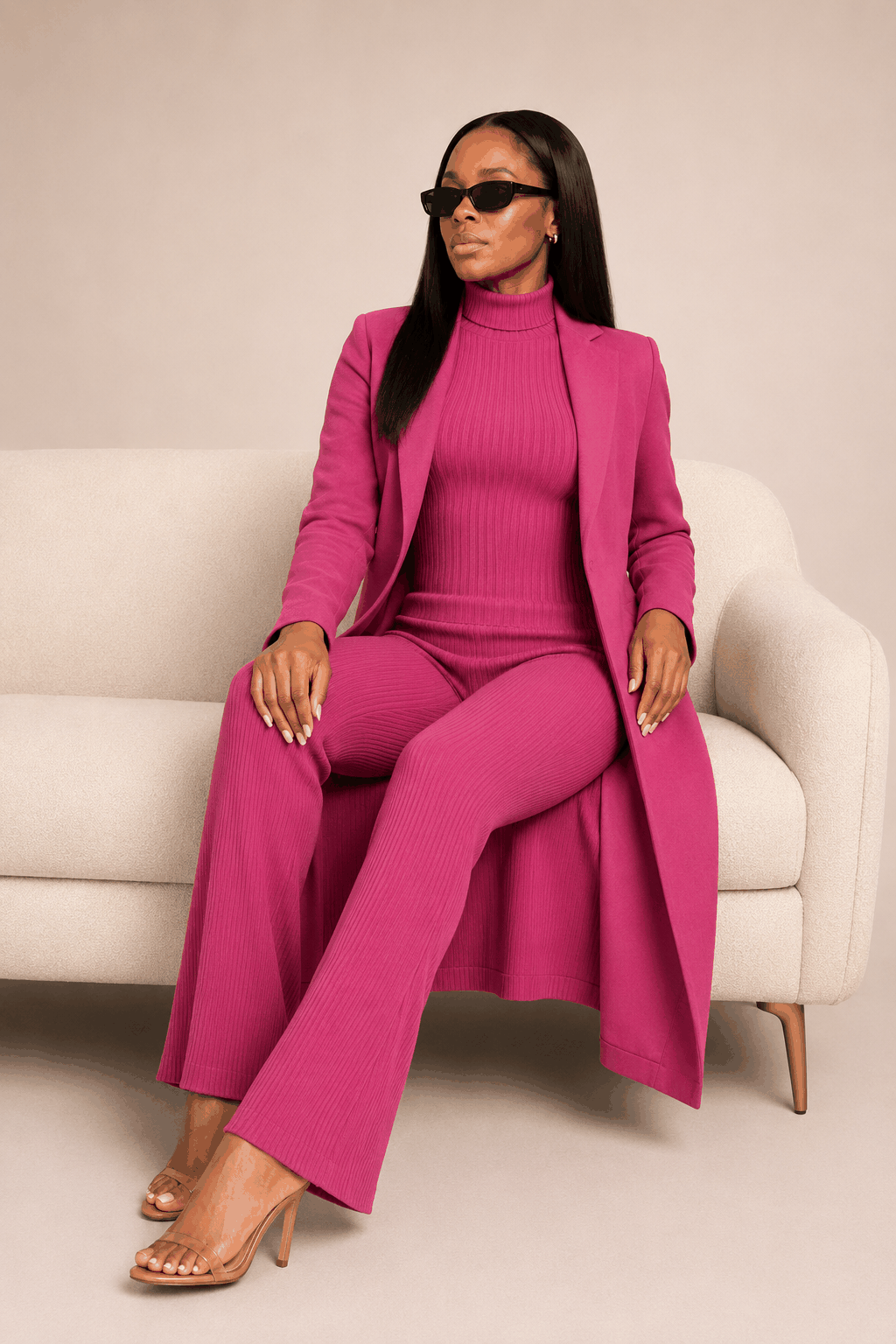 Bordeaux Elegant Trio set featuring sleeveless turtleneck, long coat, and tailored pants in rich bordeaux tone for elegant winter layering