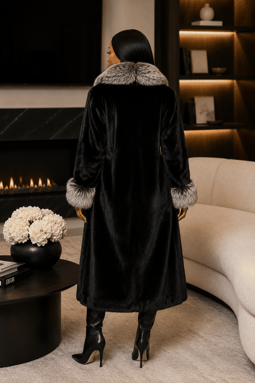 The Ashen Luxe winter coat with black and gray fluffy collar and cuffs, featuring a structured, elegant silhouette for cozy winter style