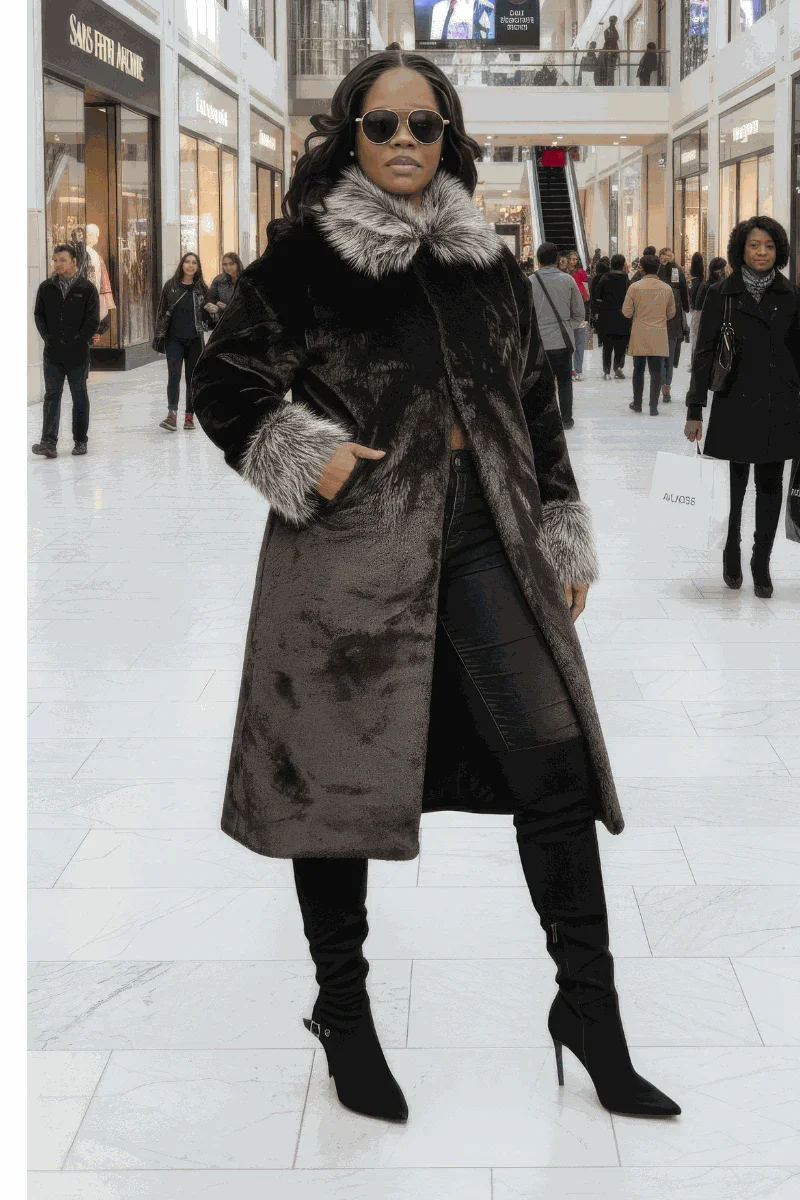 Woman in black faux fur coat with gray collar, black pants and boots, standing in modern mall