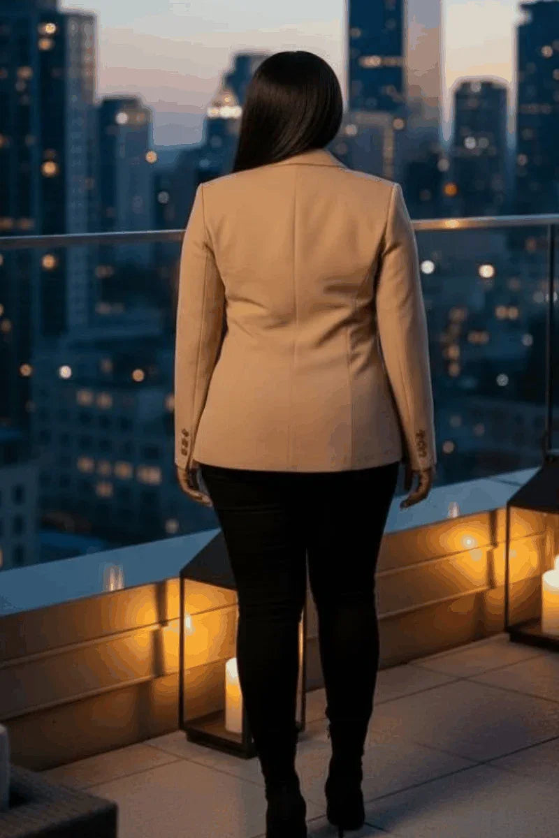 Woman in beige blazer and black pants on rooftop at dusk, city lights in background